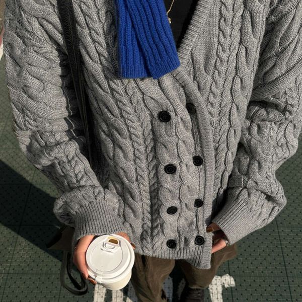 Double breasted grey Fried Dough Twists sweater coat New autumn and winter lazy wind loose V-neck knitting cardigan for foreign trade women