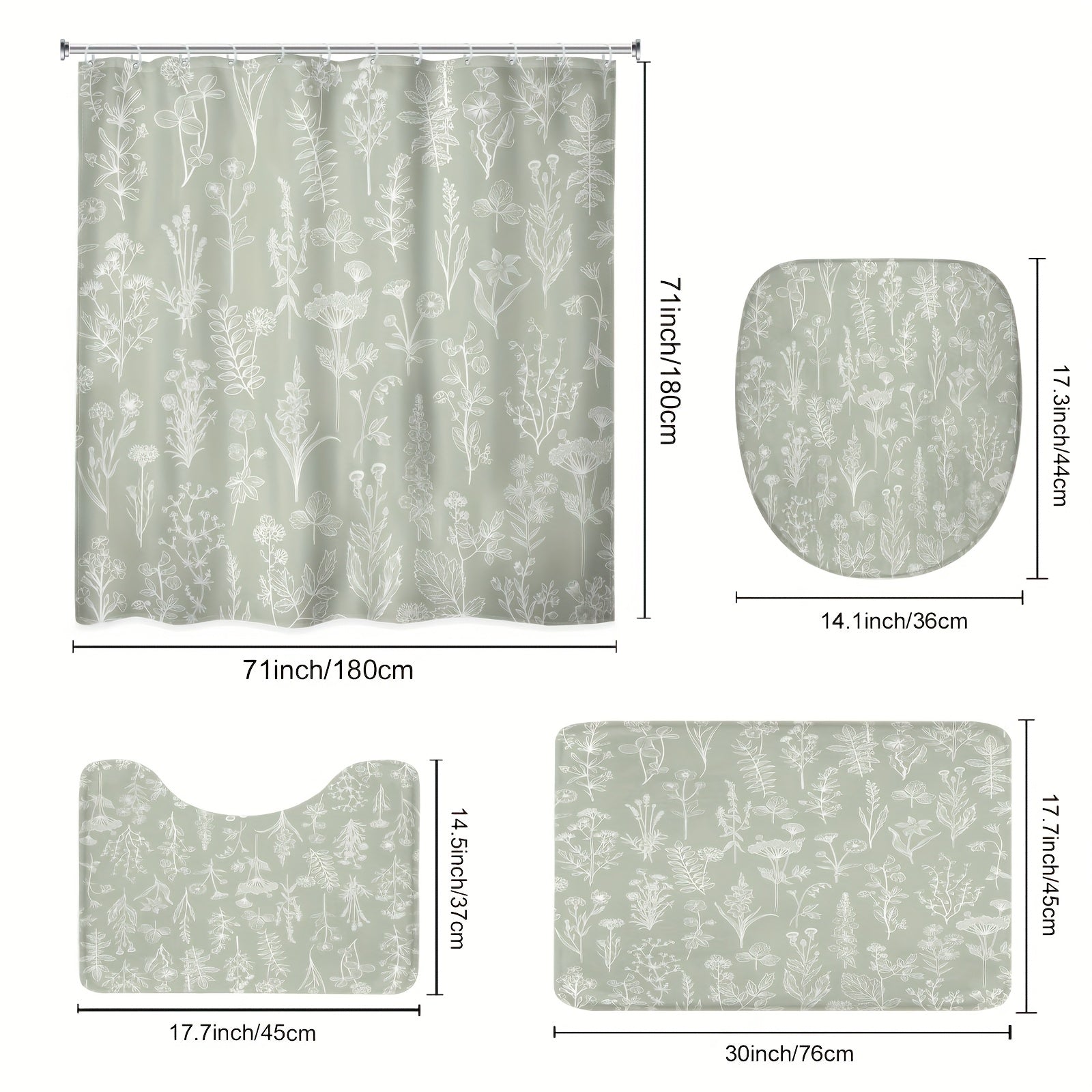 TEMU 1-4pcs - Floral Shower Curtain Set, Rustic Leaves Vintage Botanical Nature 12 Hooks Shower Curtain, Non-slip Bathroom Floor Mat, Toilet U-shaped