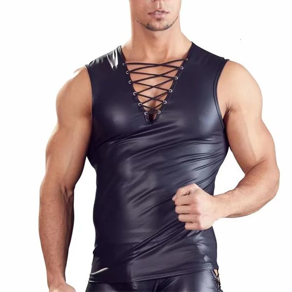 S-7XL Plus Size Mens Shiny Soft Leather Sleeveless Shirts V-neck Stretch Tank Tops Male Leather Vest T-shirt Adjustable250103