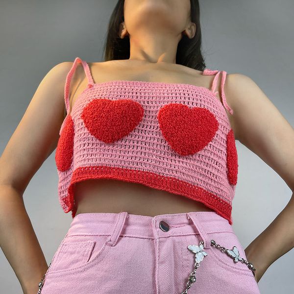 Camisoles Tanks Cute Heart Flocking Crochet Top Y2K Aesthetics Fairycore Kawaii Knitted Lace Up Strap Cropped 2000s Retro Women Cami Top Clo