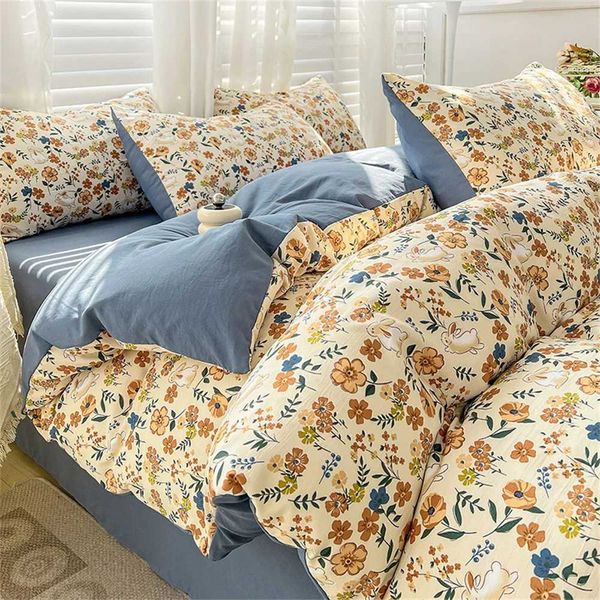 Four-piece Bedding Set Simple Duvet Cover Plant Flower Bed Sheet Adults and Kids Washed Cotton Pillowcase Home TextilesXJ241015