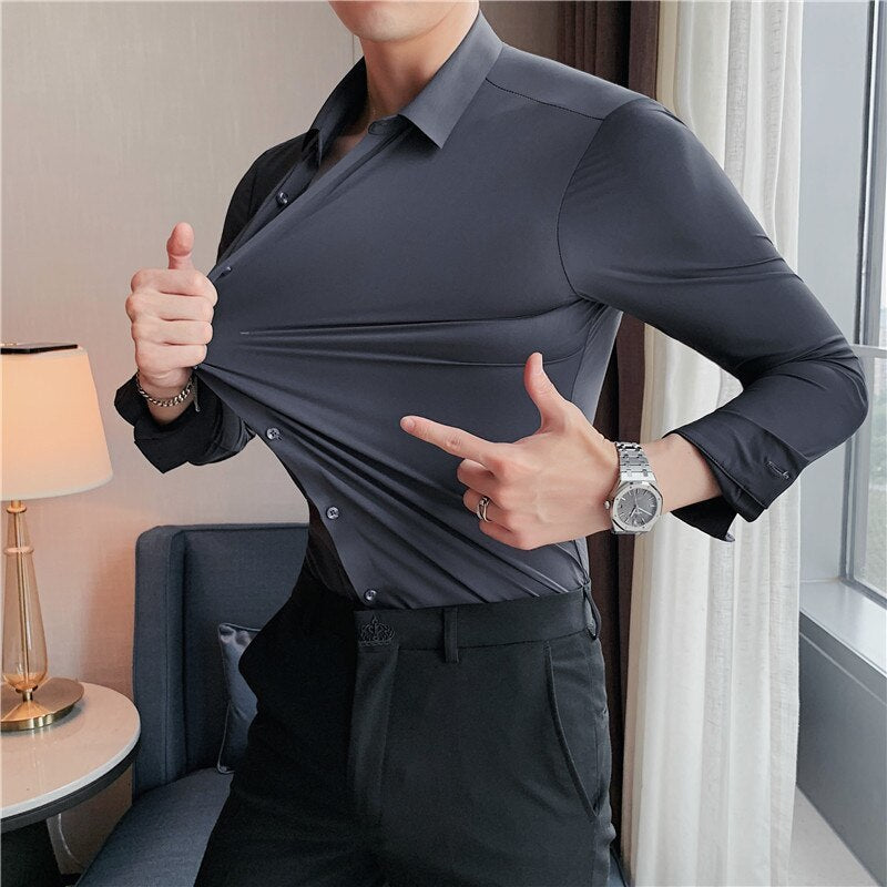 Men&#039;s Dress Shirts High-stretch Silky Smooth Comfortable Non-marking Pressure Rubber Drape Non-iron MEN&#039;S Shirt Business Casual Slim Long-