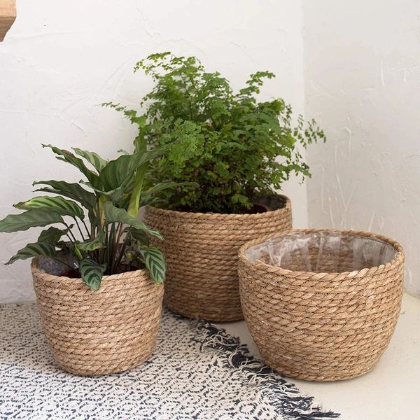 Planters Pots Straw Flower Pot Weaving Flower Plant Basket Grass Planter Basket Indoor Flower Pots Cover Plant Containers for Plantable Plan