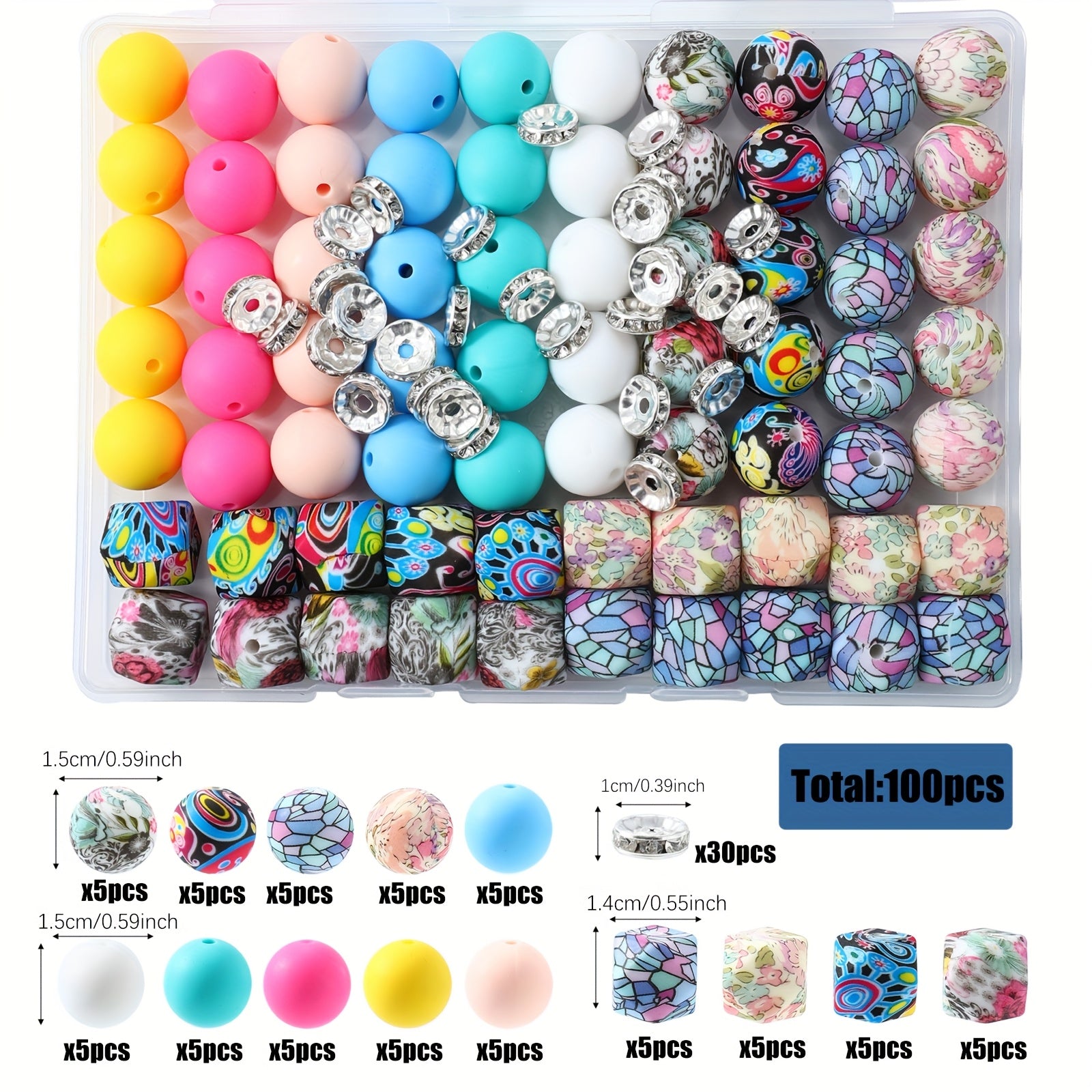 TEMU 100pcs Silicone Jewelry Box Set, Watermarked Hexagonal, Striped, Printed Beads, For Diy Craft, Bead Pen, Keychain Pendant, With Storage Boxes