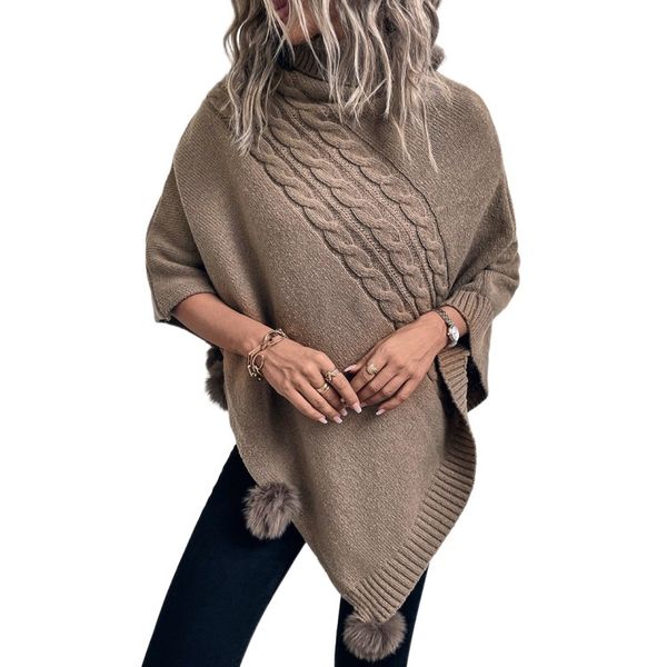 Solid color Turtleneck Women&#039;s knit cape sweater coat hairball Knitting pullover shawl Autumn and Winter Thick Warm Casual Loose Sweate