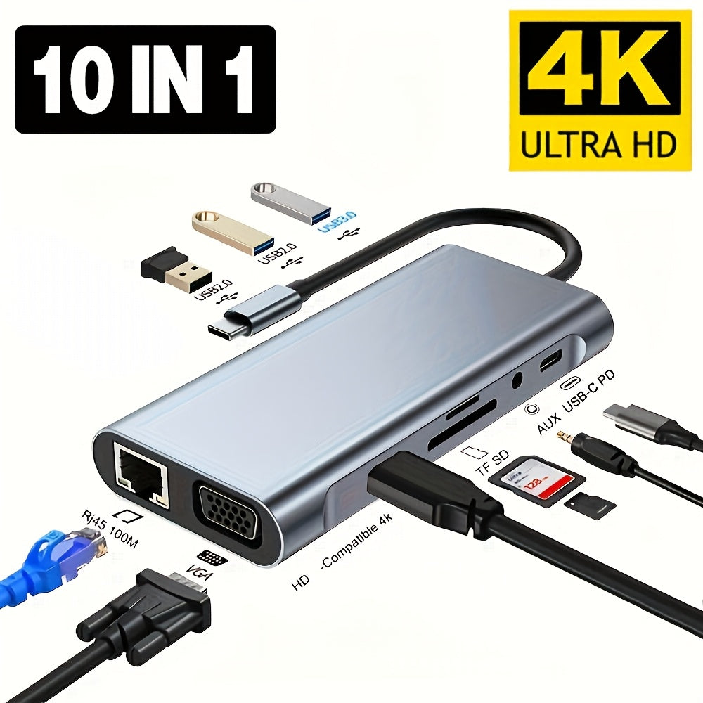 TEMU 4k Type-c To Hdtv Compatible Usb 3.0 Adapter 10-in-1 Type-c Docking Station Pd 87w Usb C Splitter For Macbook