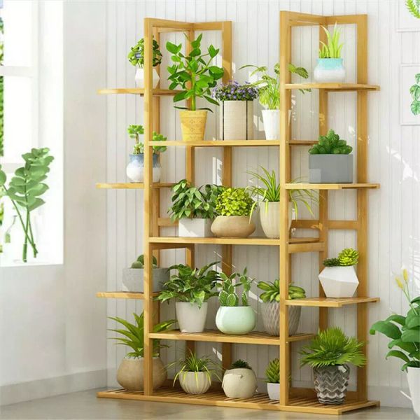 Natural Bamboo Plant Stand Corner Shelf Multilayer 9 Tier Balcony Plant Rack Garden Flower Pot Planter Rack Display Shelf for Indoor Outdoor