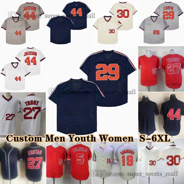 Jersey de beisebol vintage 19 Andrelton Simmons 44 Reggie Jackson Albert Pujols Erstad Rod Rod Carew Nolan Ryan 1973 Custom qualquer nome qu