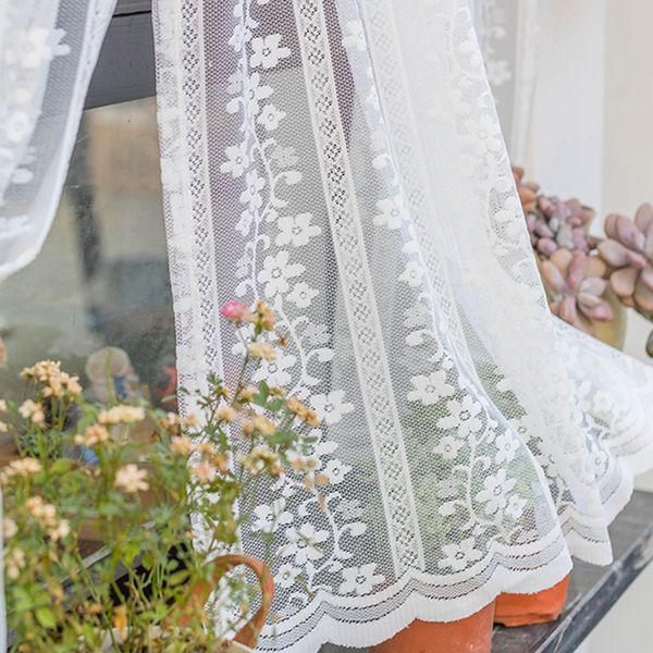 Korean Fresh White Stripes Floral Tulle Short Curtain Rod Pocket Top Pastoral White Lace Sheers Kitchen Window Blinds Decor