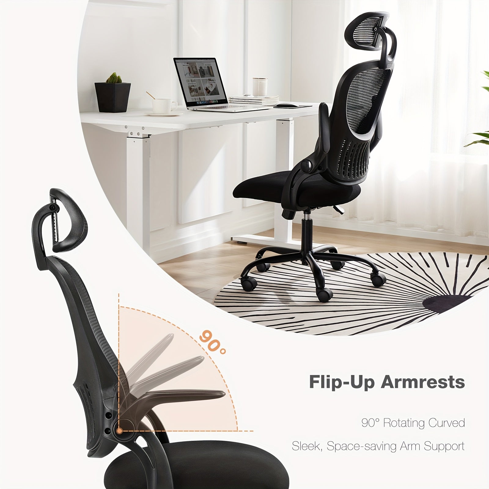 TEMU Ergonomic Office Desk Computer Chair, High Back Comfy Gaming Mesh Chairs With Wheels, Adjustable Headrest, Comfortable Lumbar Support, Flip-up ,