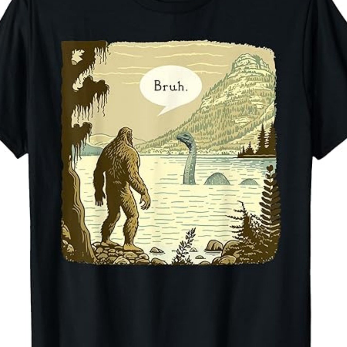 TEMU 1pc Unique Sasquatch & Loch Men's T-shirt, 100% Cotton Fabric, Crew Neck, Short Sleeve, Regular Fit, Weekend Casual Wear, Casual Wear, 180gsm -