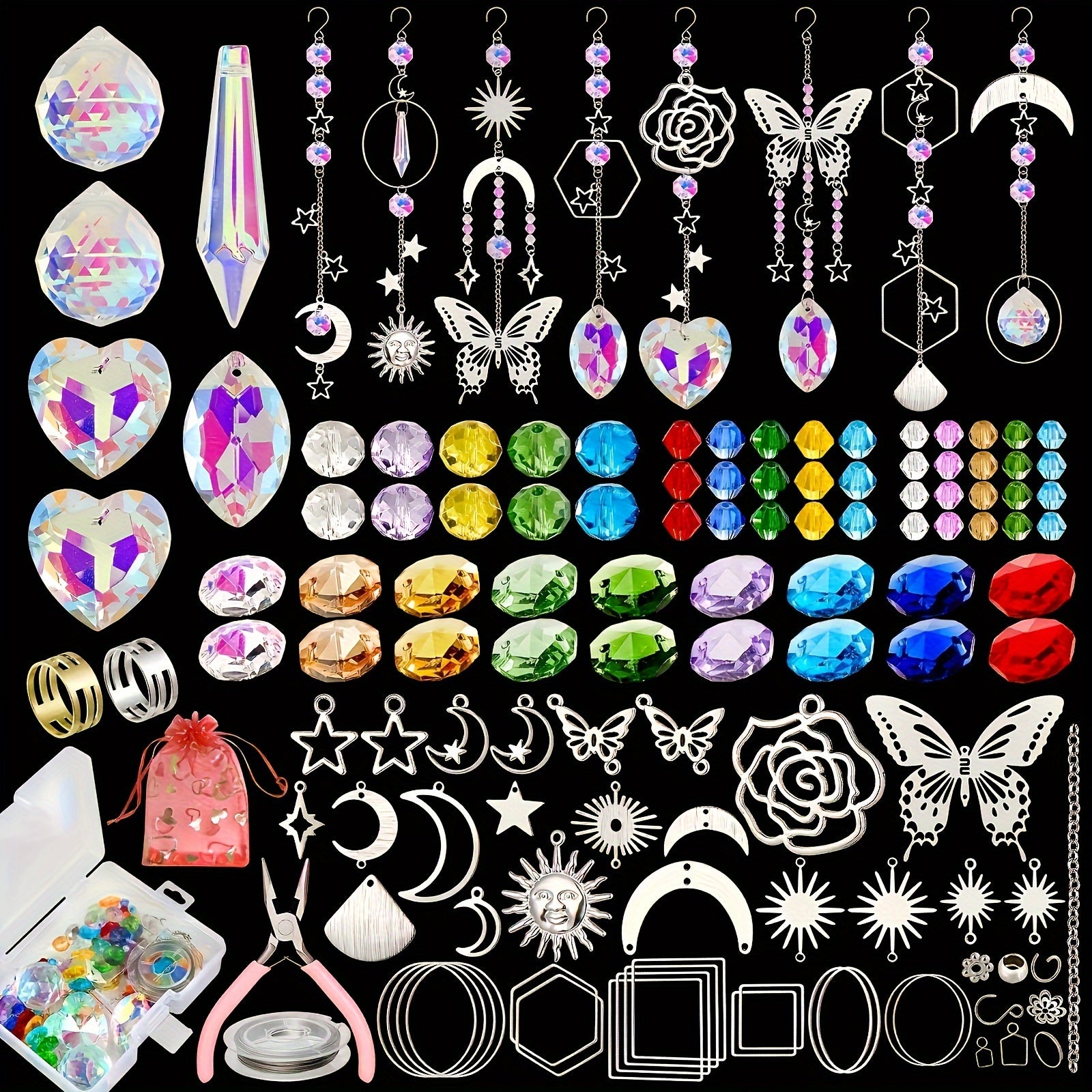 TEMU 600pcs Diy Light Making Kit Hanging Decorative Arts And Crafts Supplies Set With Crystal Beads, Pendants, Pendants, Hooks, Chains, For Indoor
