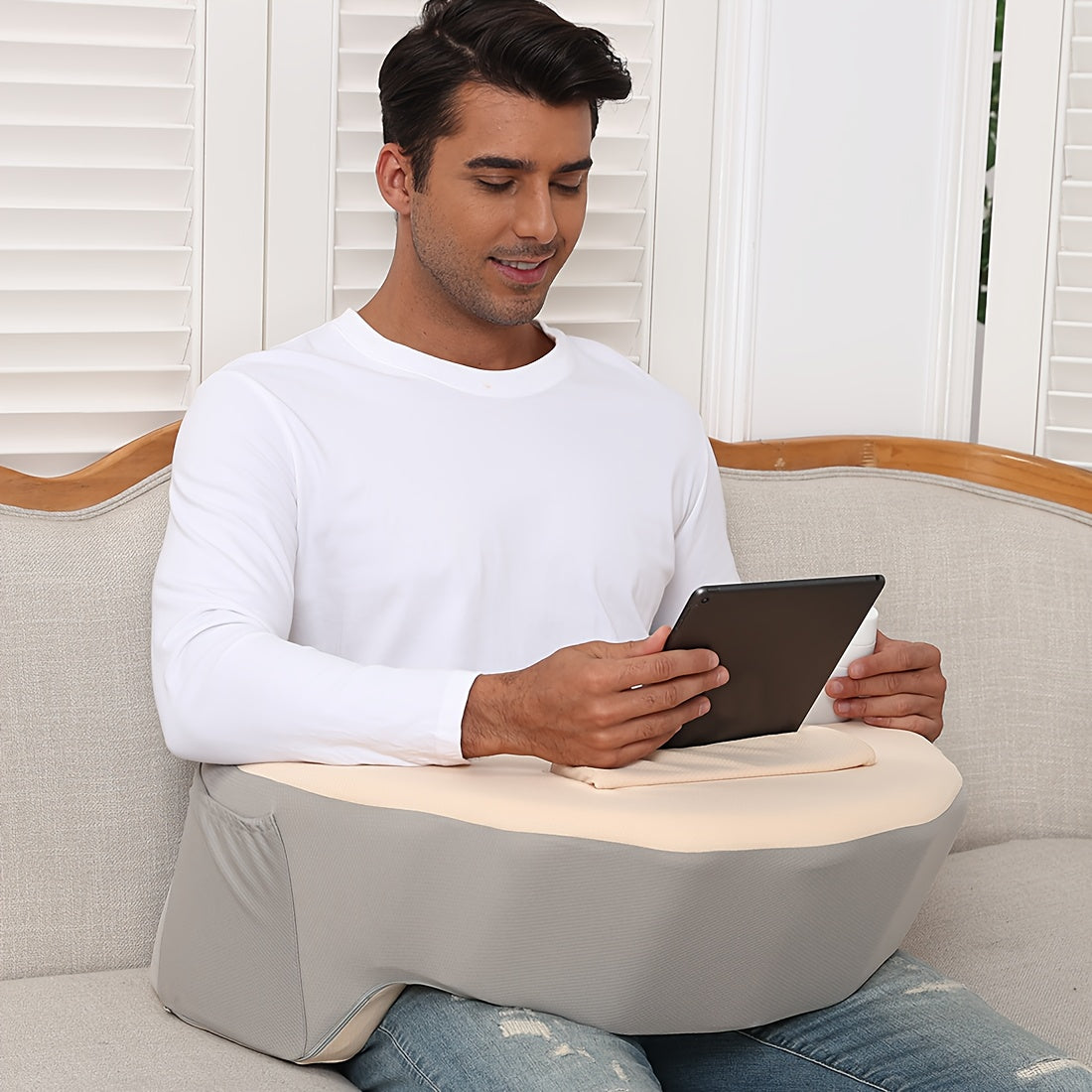 TEMU Reading Pillow Gaming, Lap Desk Arm Rest Pillow With Washable Cover, With 2 Side Pokets & Cup Holder Gaming, Reading, Camping, Working On Bed