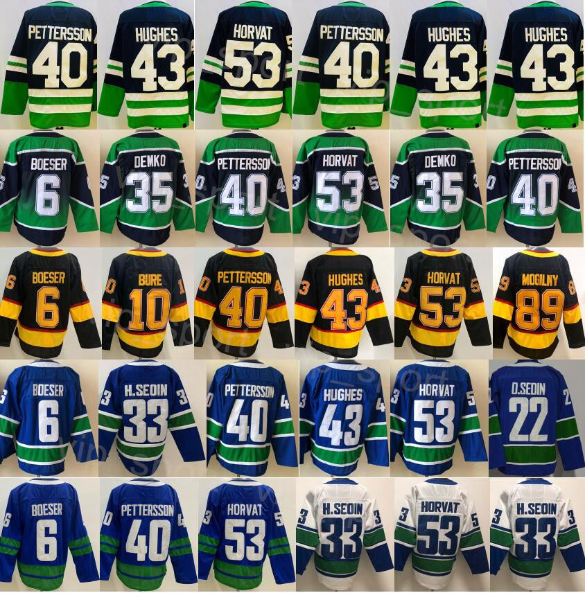 Men Ice Hockey Reverse Retro 40 Elias Pettersson Jerseys 43 Quinn Hughes 35 Thatcher Demko 22 Daniel Sedin 33 Henrik Sedin 53 Bo Horvat 6 Brock Boes