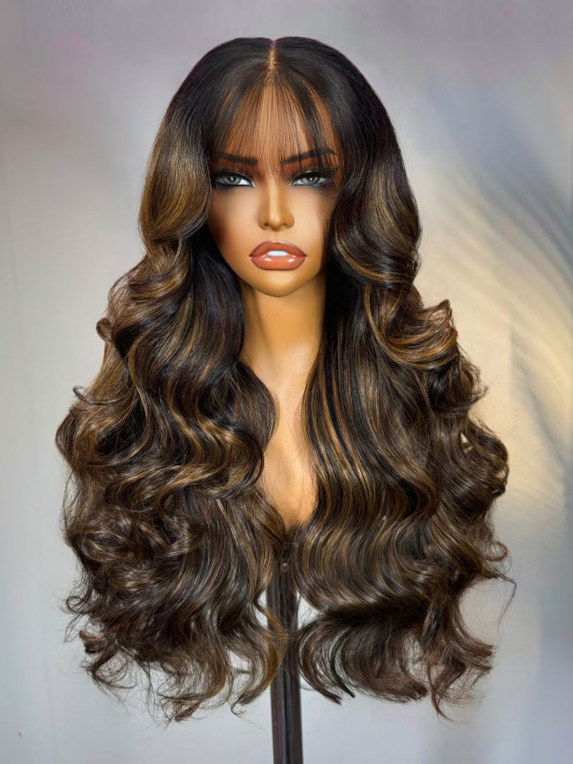 13x4 Pre-Everythingâ¢ Lace Frontal Balayage Highlights Fluffy Natural Loose Wave Curtain Bangs Wig