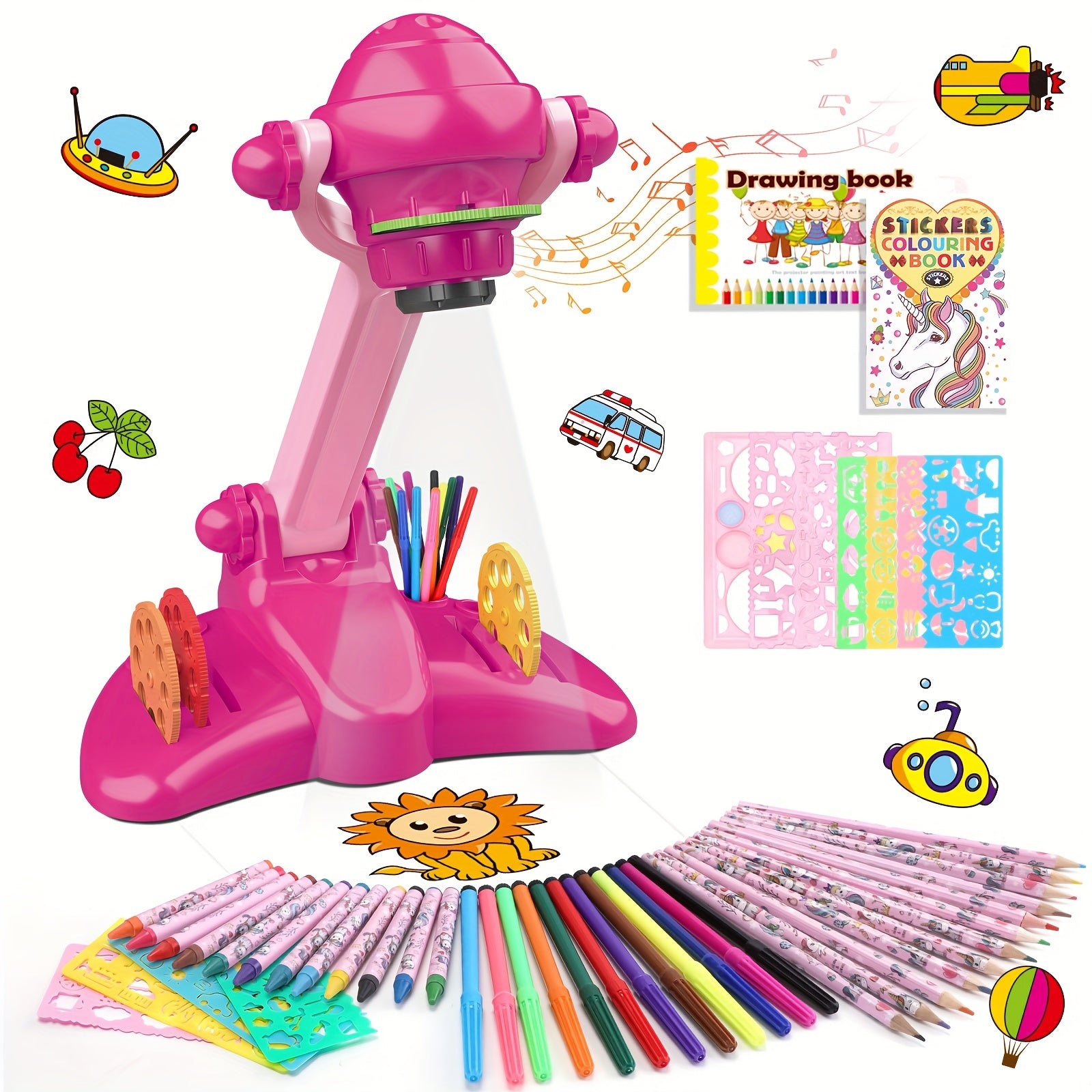 TEMU Drawing Projector, Art And Craft Kit, Toys For Girls Aged 3+, Including Colored Pencils, Crayons, Coloring Books, Drawing Stencil, Gift For 3+