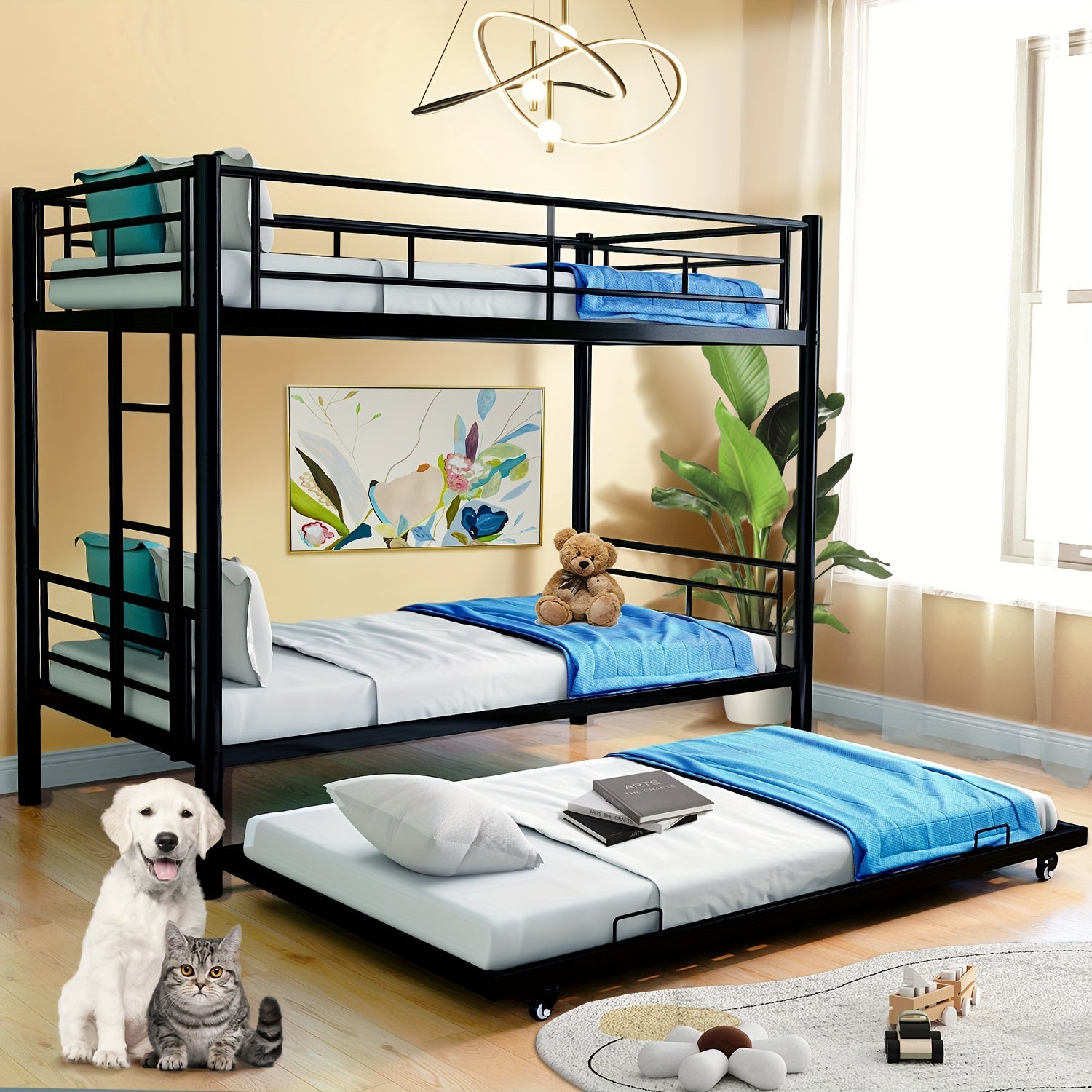 TEMU 77" L Metal Bunk Bed With Trundle Twin Over Bunk Bed With Ladder & Heavy Duty Convertible Beds Frame For Teens Adults Dorm Bedroom , Spring