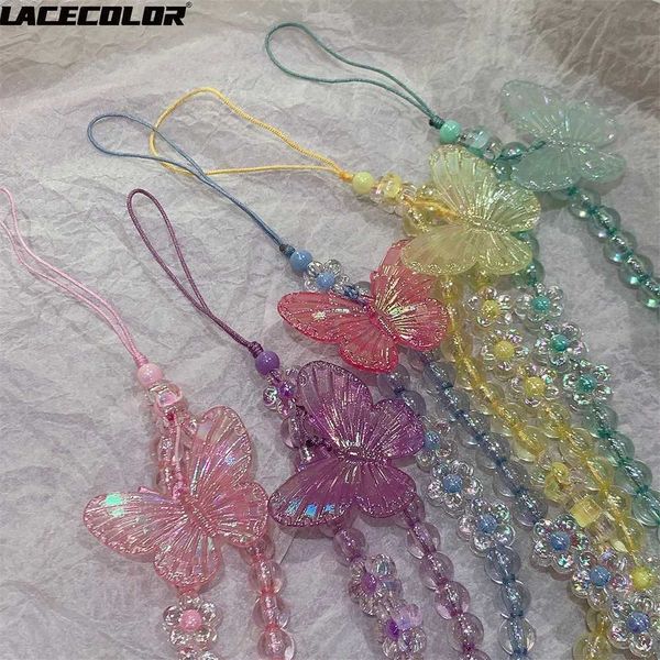 Cell Phone Straps Charms Luxury Charming Glitter Butterfly Colorful Round Beads Bracelet For Phone Charm Sweet Girl Lanyard For iPhone Samsu