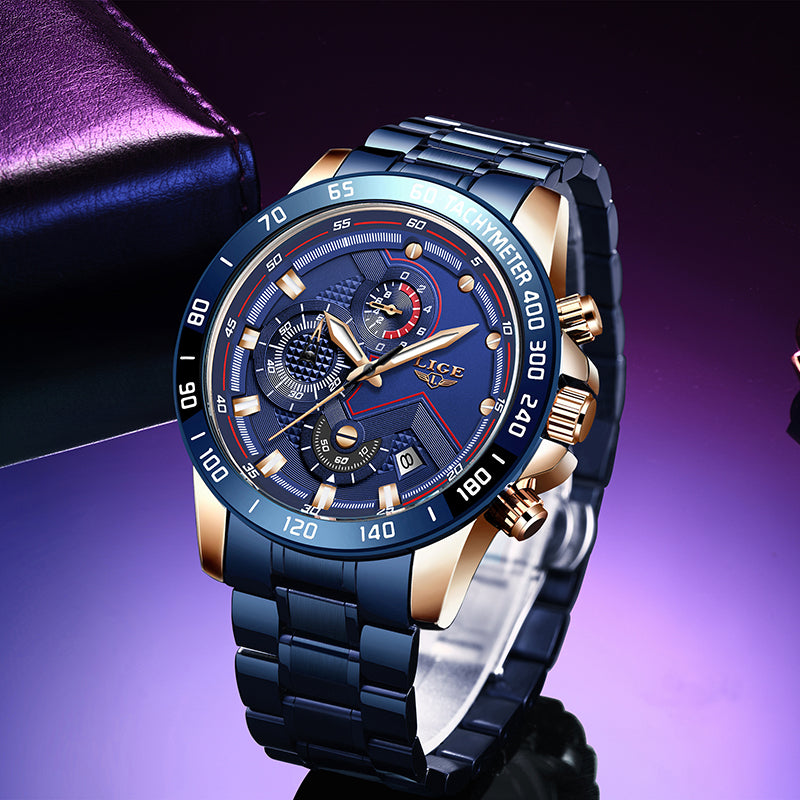 LIGE Men Watch Sport Chronograph Watch for Men Fashion Stainless Steel Quartz Wristwatches Luminous Man Clock