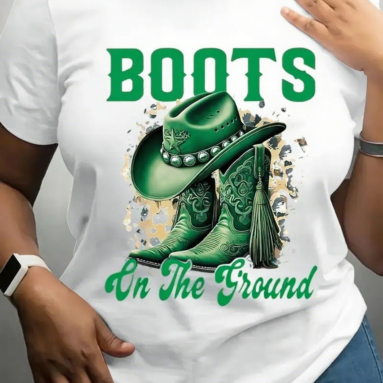 TEMU Women's Black Western Cowboy Boots Graphic T-shirt - 100% Relaxed Fit Short Sleeve Round Neck Tee With "boots On " Print For Summer Casual &