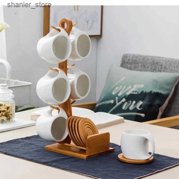 Coffee Tea Sets Ceramic coffee cup and sauce set flower tea house 6 sets of rack hanging cups L240910