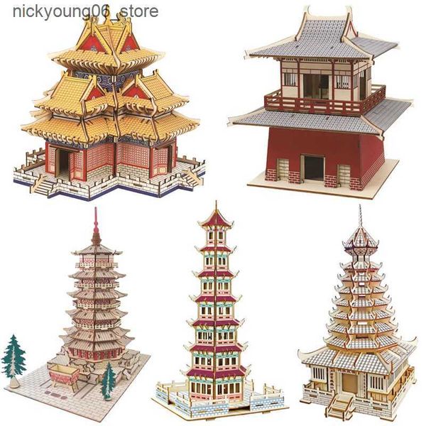 3D Puzzles 3D Wooden Pagoda Puzzle DIY Building Temple Model Wood Toy Chinese Architecture Yellow Crane Yueyang Tower For Children Kids L240