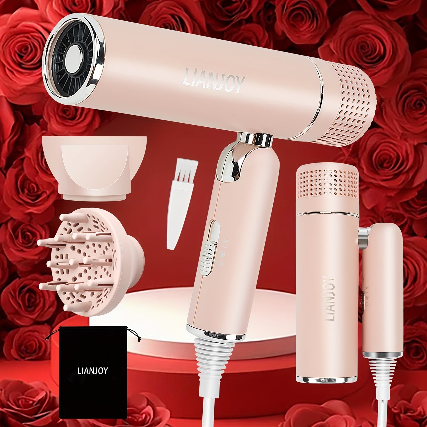 TEMU Foldable Fast Drying Hair Dryer With Diffuser For Curly Hair, Nozzle And Travel Bag, 1600w Professional Fold Blow Dryer For Women And Men,