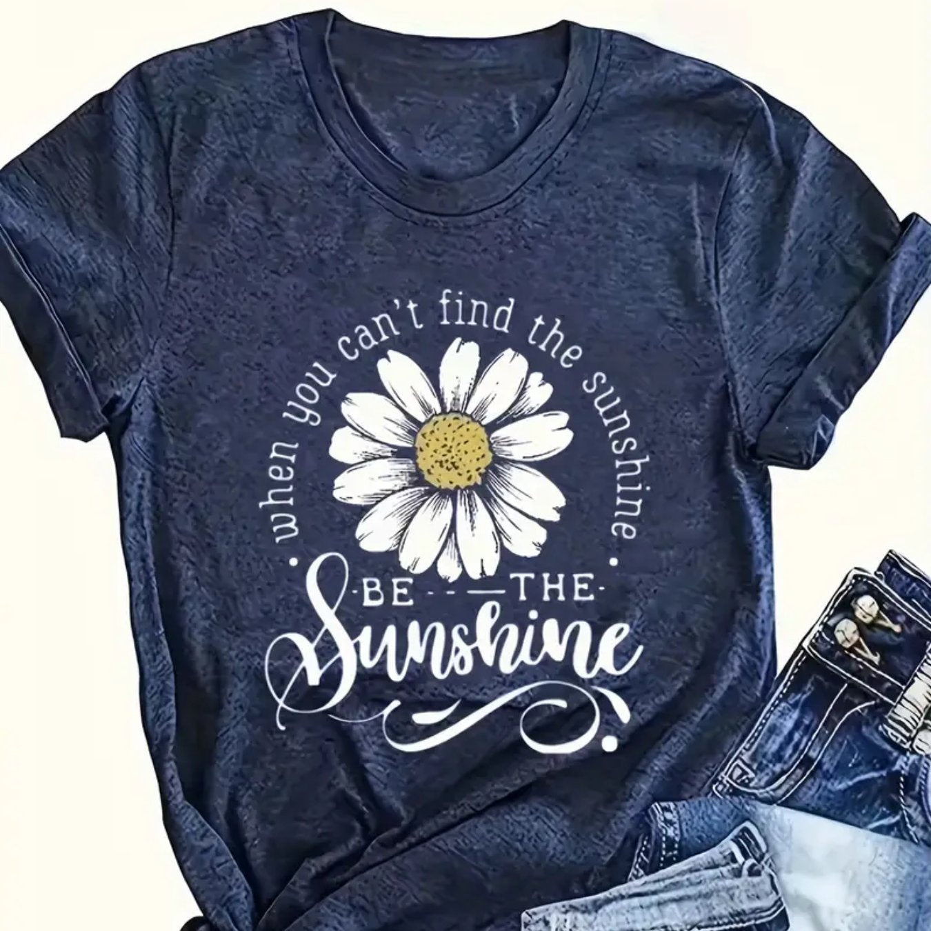 TEMU Women's Navy Blue T-shirt - Floral Prints With Inspirational Quote, Soft Breathable Fabric Stretchy Everyday Tee For Women, Casual Shirt For