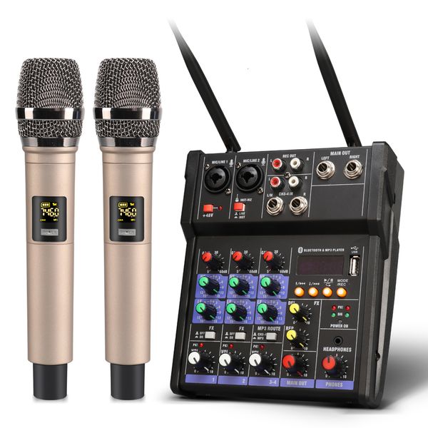 Other Electronics 4 Channel Audio Mixer Console with Wireless Microphone Sound Mi Bluetooth USB Mini Dj Record Broadcast Singing 230801