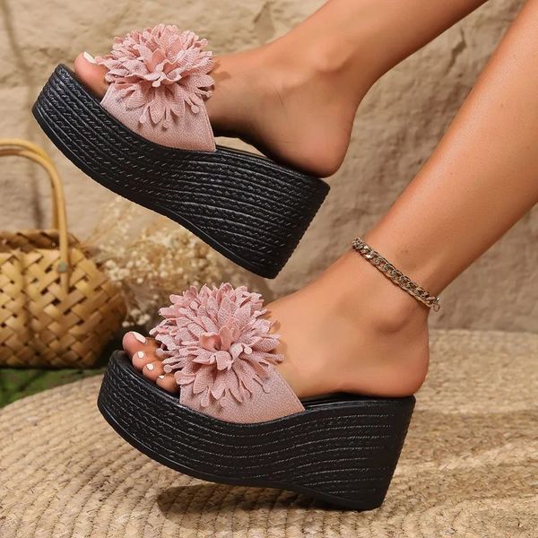 Large flower open shoelace with thick sole slider 2024 summer fashion sloping high heels for women slider 241113