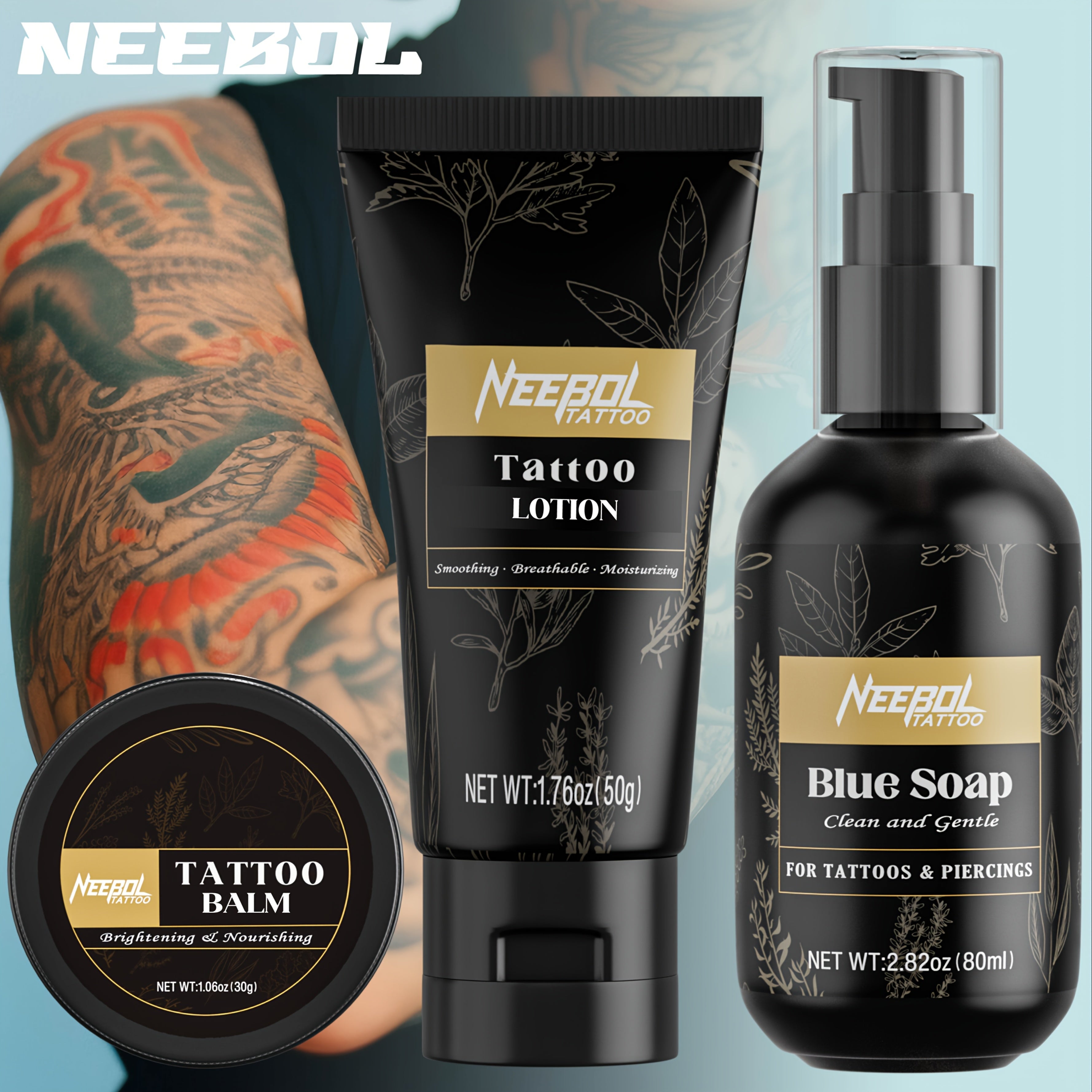 TEMU 3pcs Neebol Tattoo Kit Including , Balm & Lotion, Tattoo Cleanser, Color , Moisturizes And Nourishes Light Beige, Ethically Made, Gentle Care,