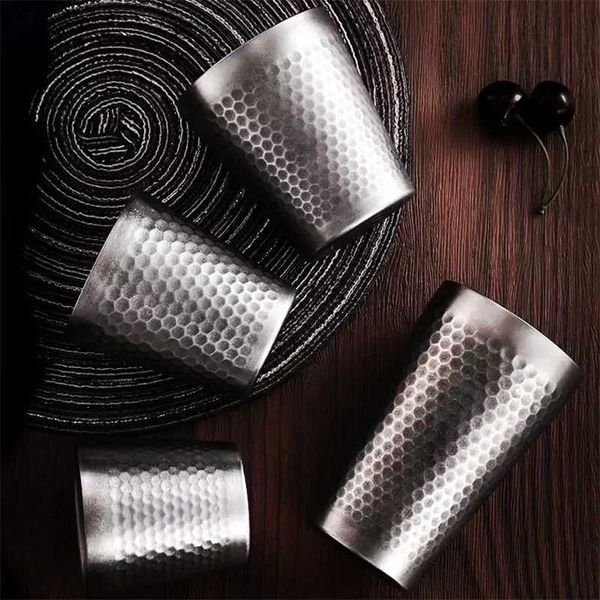Retro Industrial Style Honeycomb Hammer Pattern Double Wall Stainless Steel Beer Mug Coffee Cup Anti Scalding Espresso CupsM240803