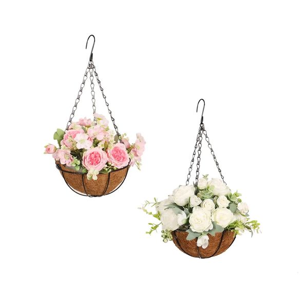 Artificial Flowers Hanging Basket Silk Flower Chain Pot Planter for Courtyard Yard Porch Patio Balcony 250102