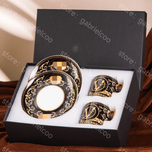 Designer Gold Mug 2 Gift Box Home Bone Porcelain Coffee Milk Kitchen Utensil Cup Plate Set