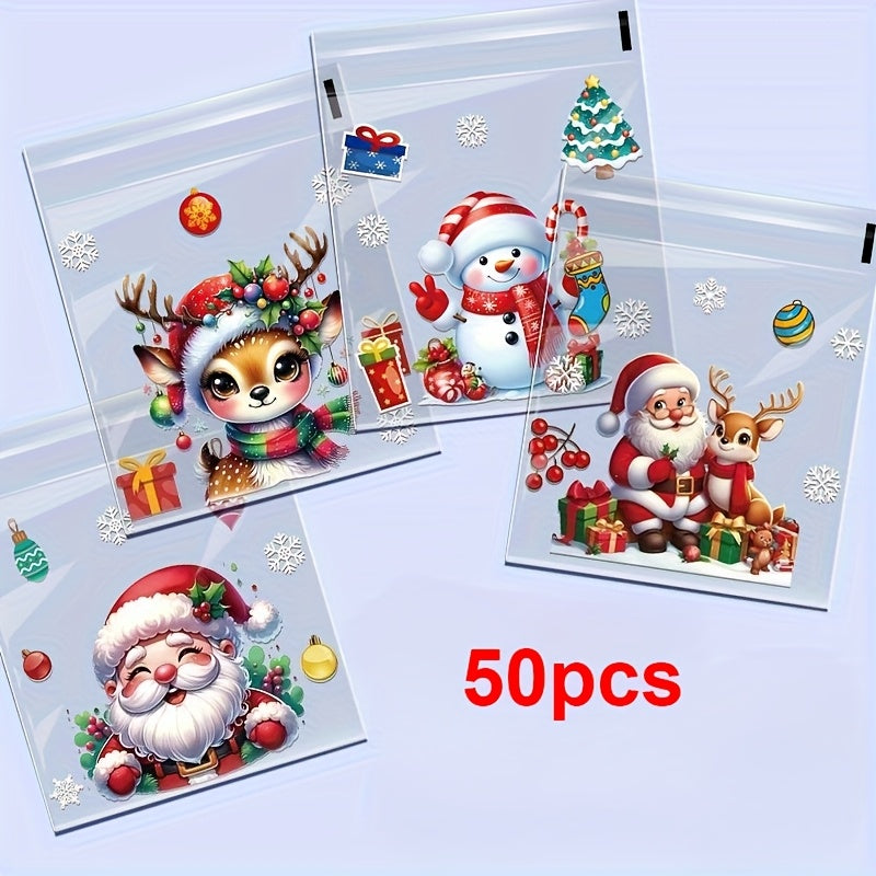 TEMU 50pcs Christmas Transparent Gift Bags With Santa Claus, Reindeer, Snowman, And Snowflake Patterns, Self-adhesive Bags, Exquisite Patterns -