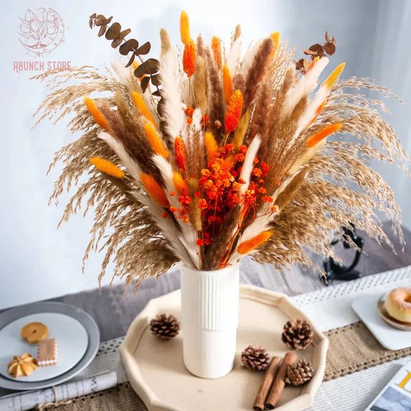 80Pcs Dried Flowers Bouquet Autumn Country Home Vases Decor Natural Reed Rabbit Tail Pampas Grass Table Decoration Accessories 250107