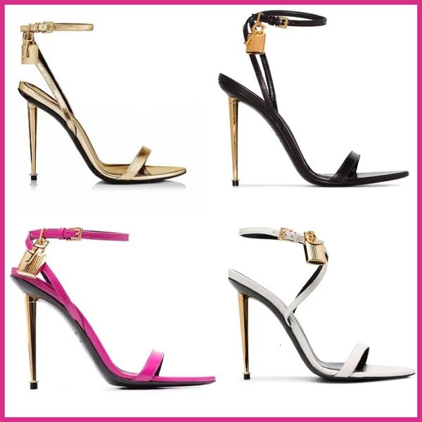 Top Metallic feeg Heel Sandals 10.5cmWomen urious Gold Lock Decorate High Heels Summer Rose red Sandal Ankle Strap Dress shoe Size36-42