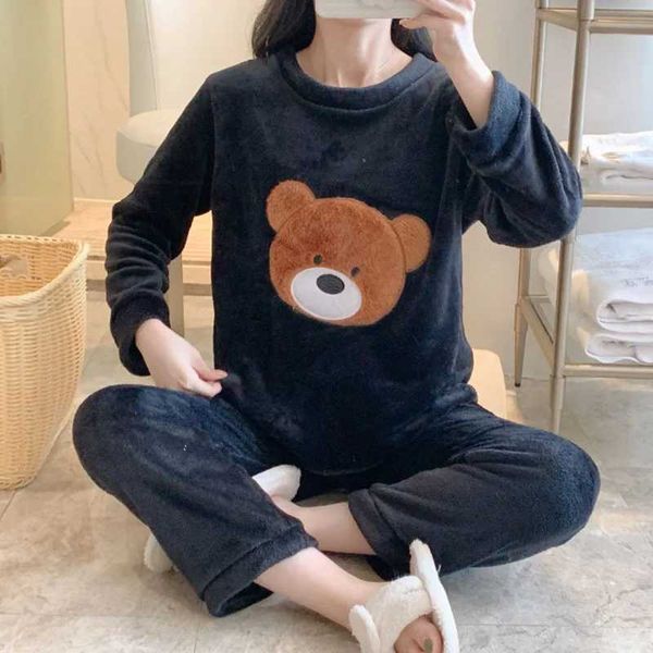 Warm Sleepwear for Winter Girl Cartoon Bear Coral Velvet Christmas Pajamas O-Neck Thickened Women Pajamas Home Wear Women SetsC241213