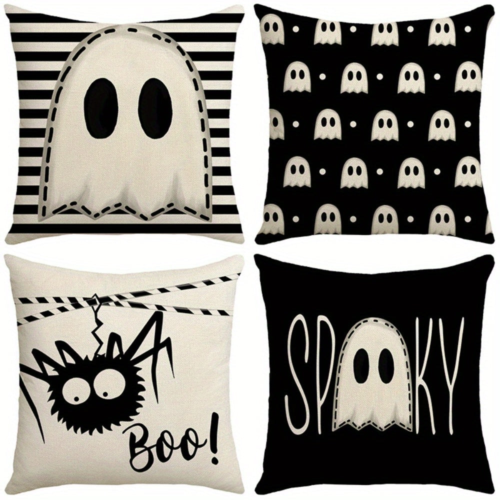 TEMU 4pcs Of Halloween Pattern Black And White Letter Printed Zipper Pillowcase-double-sided Polyester Printed Pattern Zipper Closed Home Decoration