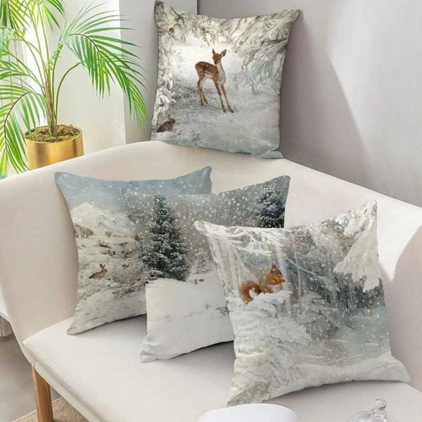 Home decoration in the snow forest elk Christmas print pillowcase bedroom living room sofa decoration pillowcase cushion coverM240717