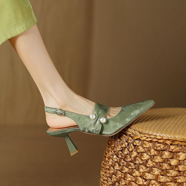 Summer NEW Split Leather for Pointed Thin Heel Cover Toe Sgback Shoes Women Pearl Sandals 0d70