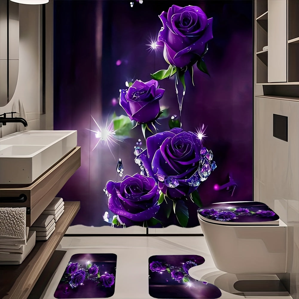 TEMU 1-4pcs Purple Rose Pattern Shower Curtain, Shower Curtain Set, Waterproof Polyester Shower Curtain With 12 Hooks, Non Slip Floor Mat, Toilet