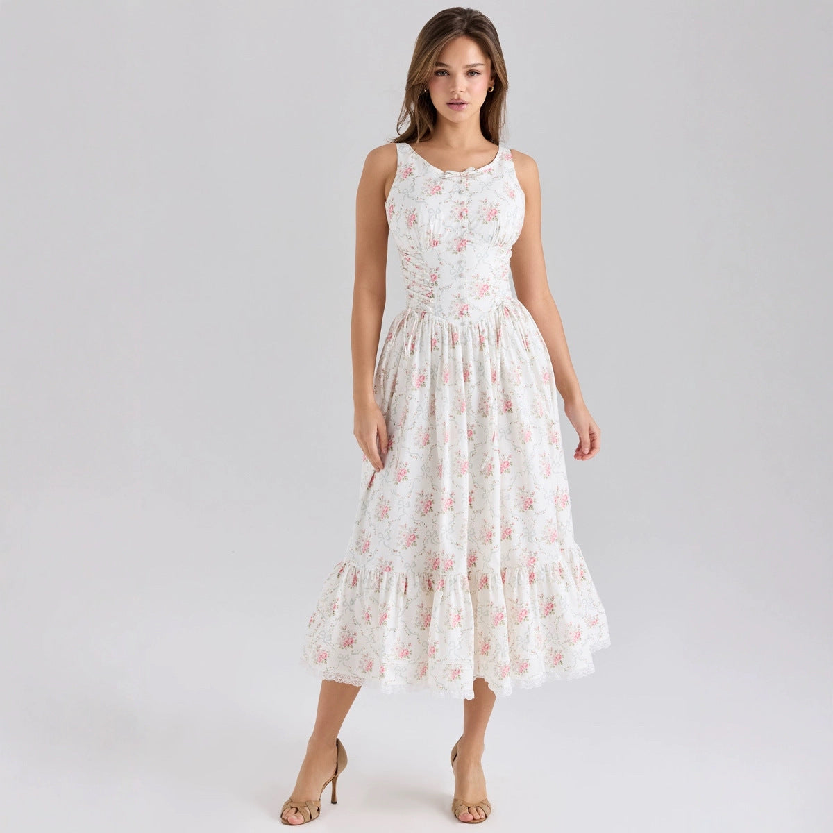 K623New Sweet Pink Floral Sling High Waist Slim Swing Dress