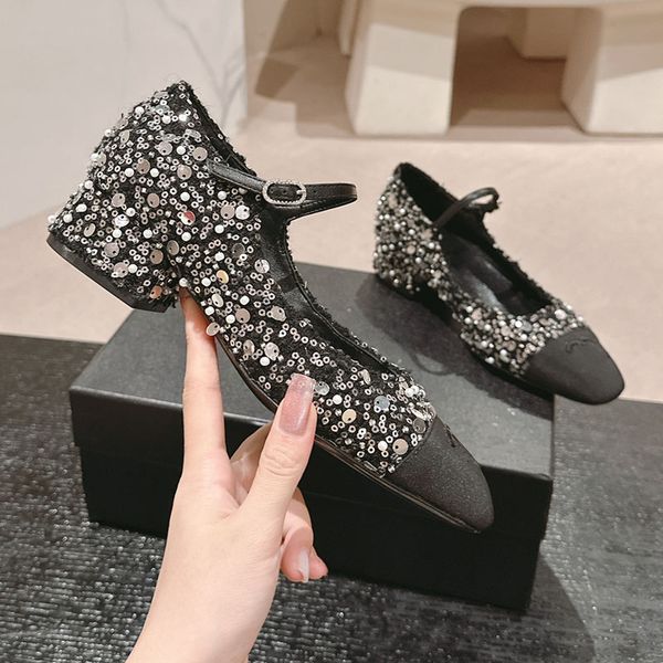 24ss Womens Ballet Shoes Designer Dress Shoe Classic Glittered Tulle Chunky Heels Mary Jane Shoe Buckle Strap Outdoor Leisure Shoe With Dust