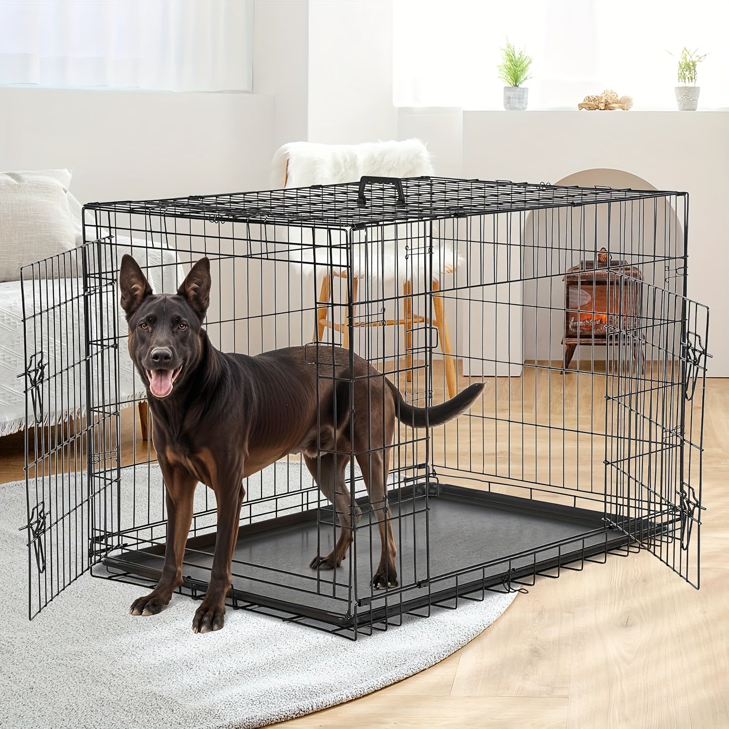 TEMU Healsmart 36" Medium Dog Crate With Divider, Double Door Folding Metal Wire Cage, Leak-proof Abs Tray, Portable Pet Kennel For Indoor, Outdoor &