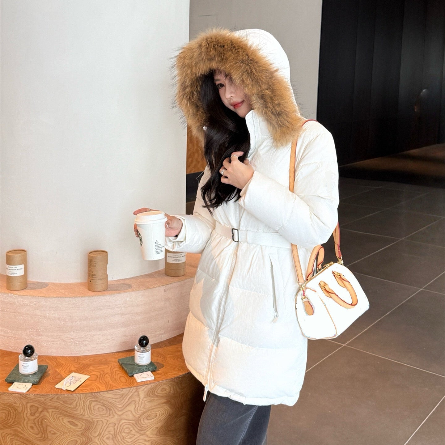 Womens Warm Lightweight Mid Long Down Coat Slim Fit Stylish Elegant Outerwear High Quality White Goose Down Puffer Jacket Premium Luxury