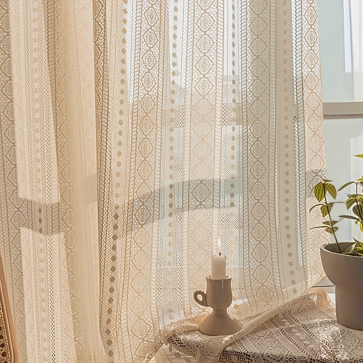 TEMU 1pc Hollow Stripe Sheer Curtain, Simple Crochet Rhombus Window Screen With Rod Pocket, Suitable For Living Room And Bedroom Decor