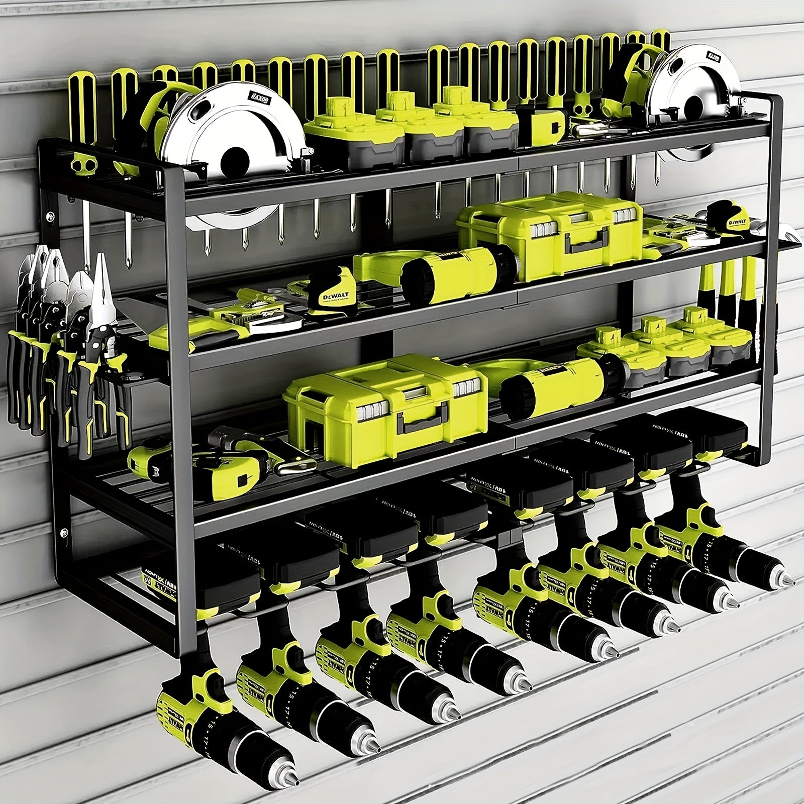 TEMU 4-tier Heavy-duty Power Tool Organizer Wall Mount - 8 Drill Slots, Carbon Steel Construction, Space-saving Garage & Workshop Storage Rack, Easy