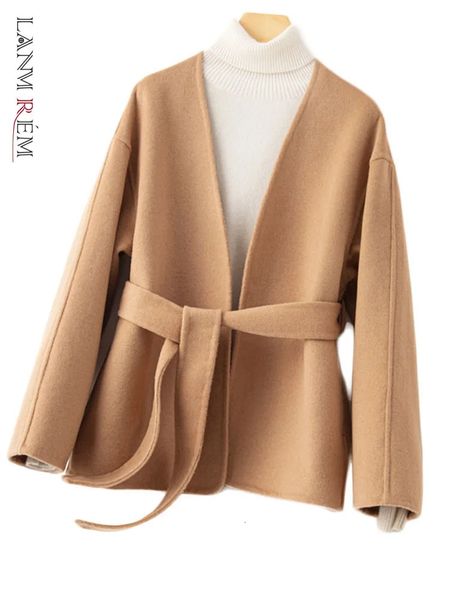 LANMREM Korean Style Doublesided Wool Coat Womens Short Vneck Small Highend Handmade Woolen Belt Coats Autumn Winter 2R3740 241127