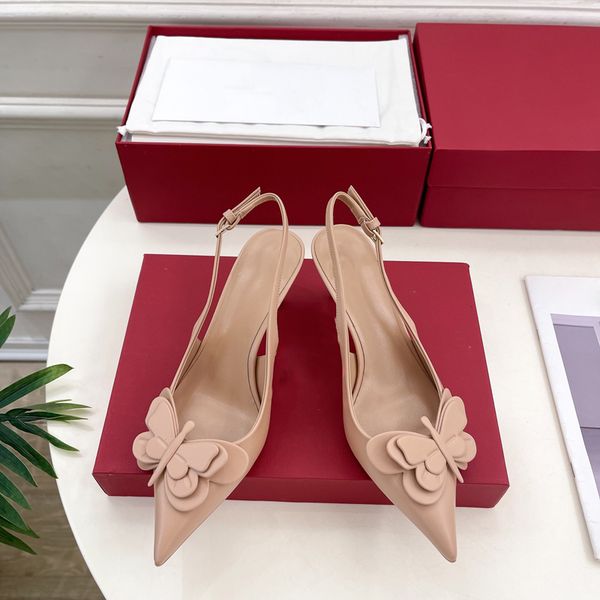Fashion New Butterfly Appliques Genuine Leather Women Pump Pointed Toe Thin High Heels Pumps Elegant Lady Dress Party Slingback Sandals